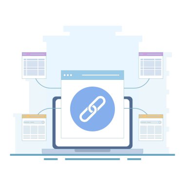 Web sitesi Link Binası Konsepti, Arama Motoru optimizasyonu olarak Bağlantı Binası, Bağlantı Pazarlama ve Binası. Hiper bağlantı sistemi oluşturma, web sitesi işbirliği. Arkaplanda düz tasarım çizimi.
