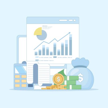 Muhasebe ve finans uzmanı konsepti. Bütçe geliri. Muhasebe kârı, gelirden giderleri çıkararak hesaplanır. Hesap makineli bir muhasebeci. Düz vektör illüstrasyonu.