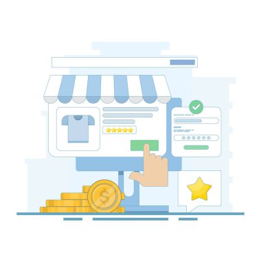 eCommerce Pazarlama Konsepti. eCommerce Web sitesine göz atmak, eCommerce Web 'den ürünler satın almak. Güvenli online alışveriş. Arkaplanda düz tasarım vektör çizimi.