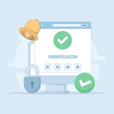 Kullanıcı doğrulama konsepti, güvenlik sistemi. Doğrulama işareti. OTP kodu alınıyor. Korunmak için tek seferlik şifre. Siber güvenlik, kimlik doğrulaması. düz tasarım illüstrasyon.