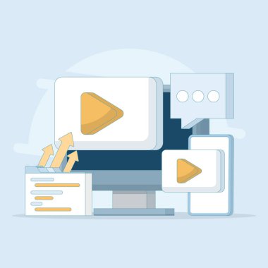 İnternet çevrimiçi video oynatıcı, iş videosu pazarlama. Bilgisayar ekranında video oynatıcı, video içeriği pazarlaması. Video içeriği sosyal medya pazarlaması. Arkaplanda düz tasarım çizimi.