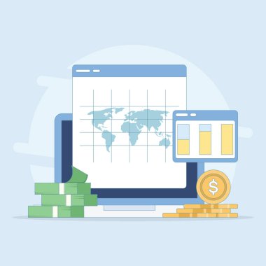 Finansal veri kavramı veya yatırım piyasa kar raporu. İş Veri Analizi. Grafikleri ve istatistikleri olan analiz sekmesi. İş mali başarı raporu. düz tasarım illüstrasyon.