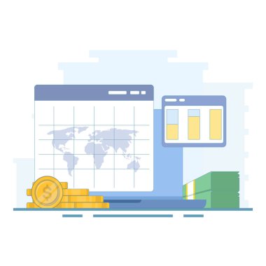 Finansal veri kavramı veya yatırım piyasa kar raporu. İş Veri Analizi. Grafikleri ve istatistikleri olan analiz sekmesi. İş mali başarı raporu. düz tasarım illüstrasyon.