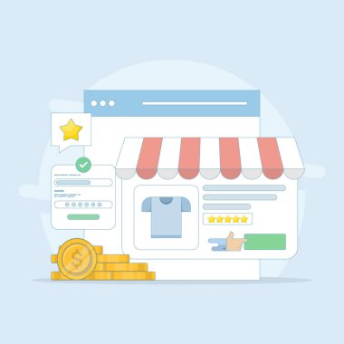 eCommerce Pazarlama Konsepti. eCommerce Web sitesine göz atmak, eCommerce Web 'den ürünler satın almak. Güvenli online alışveriş. Arkaplanda düz tasarım vektör çizimi.
