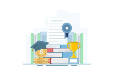 Bütçe kavramı, eğitim ve öğrenci fonları. Okul ya da üniversite ücretleri, eğitim ya da eğitim masrafları için tasarruf. Okul masraflarını karşılamak için eğitim finansmanı. Düz tasarım çizimi.