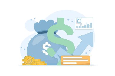 Mali planlama konsepti. Artan maddi durumla. İş büyümesi, yatırım başarısı, ilerleme veya kâr artışı. Gelir artmaya devam ediyor. Mali durum verileri. Düz tasarım.