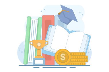 Bütçe kavramı, eğitim ve öğrenci fonları. Okul ya da üniversite ücretleri, eğitim ya da eğitim masrafları için tasarruf. Okul masraflarını karşılamak için eğitim finansmanı. Düz tasarım çizimi.