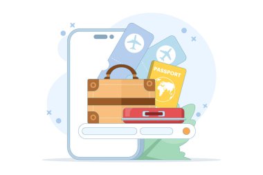 Seyahat ve turizm arama konsepti, tatil, yaz tatili. Yaz tatili planlama, online seyahat bileti rezervasyonu. Yurt dışına bir gezi düzenlemek. Düz tasarım çizimi.