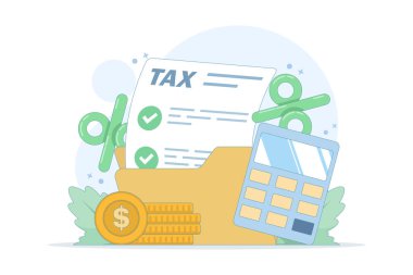 Vergi hesaplama konsepti. Vergi ödemesi. Veri analizi, belgeler, finansal araştırma raporları ve vergi iade hesaplamaları. Gelir ya da kar yönetimi, vergi hesapları. Düz tasarım.