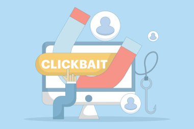 Tıklama konsepti. İzleyicilerin dikkatini çekmek için stratejiler. Manyetik çizimler kullanıcıları, tıkırtıları, bağlantıları ve trafiği çeker. İzleyicilerin dikkatini çekmek için stratejiler. düz dizayn.
