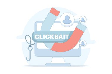 Tıklama konsepti. İzleyicilerin dikkatini çekmek için stratejiler. Manyetik çizimler kullanıcıları, tıkırtıları, bağlantıları ve trafiği çeker. İzleyicilerin dikkatini çekmek için stratejiler. düz dizayn.