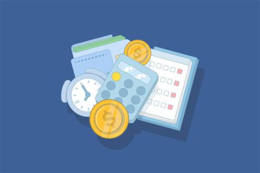 Zaman ve para yönetimi kavramı. Hesap makinesi, takvim, cüzdan içinde para ve altın paralar, ekonomi ve yatırım. para dengesi ve zaman yönetimi. düz vektör illüstrasyonu.