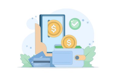 Elektronik cüzdan ya da elektronik cüzdan kavramı. Para güvenli bir yerde. Sanal banka elektronik cüzdanı. Dijital formda para depolamak. Akıllı telefon kullanarak mali işlemler.