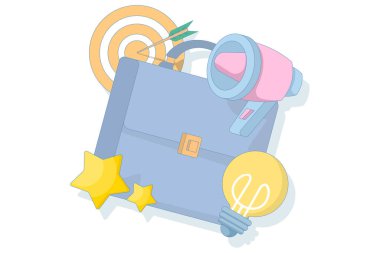 Ticari hedefler, yenilikler ve etkili pazarlama stratejileri kavramı. Hedefli çanta, ampul ve megafon. Doğruluk ve hedefe ulaşma. Düz vektör illüstrasyonu.