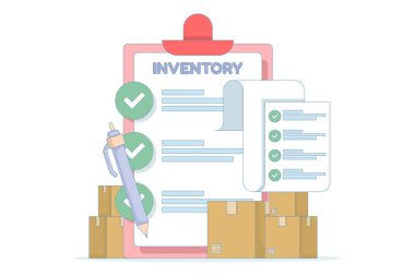 Envanter yönetimi konsepti. Gelen ve giden malların depo yönetimi. Tedarik zinciri optimizasyonu için gerekli. Detaylı envanter kontrolü. düz vektör illüstrasyonu.