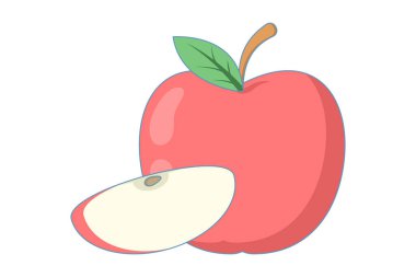 Elma çizimi beyaz arka planda izole edildi. Olgun meyve, yarım dilim ve dilimler. Hasat et. Yemek illüstrasyonu.