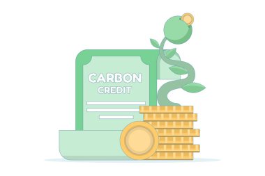Karbon Kredi Konsepti. Karbon vergisi ve yeşil yatırım yoluyla karbondioksit kirliliğini azaltmak. Karbon emisyon vergisi. CO2 salınımının etkisini azaltmak için sürdürülebilirlik. düz tasarım illüstrasyon.