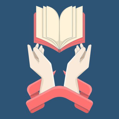 Eğitim ve bilgi kavramı. Dünya kitap günün kutlu olsun. Dünya Kitap Günü etiketi. Açık bir kitap ve kırmızı kurdeleli iki elin resmi. arkaplanda düz vektör illüstrasyonu.