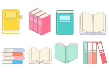 Kitap ikonu koleksiyonu. Kitap koleksiyonu. Renkli kitap kapakları. Okul ders kitapları. Edebiyat ya da kitapçı. Çizgi roman yığını, bilgi, eğitim. Düz vektör illüstrasyonu.