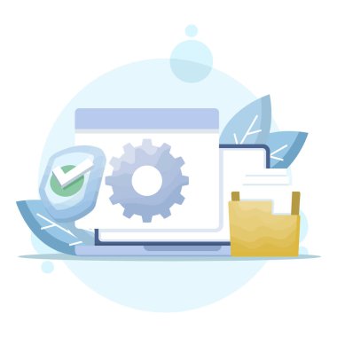 Sistem güvenlik ayarları, aygıt işletim sistemi bakımı ve dosya yönetimi kavramı. Vitesli, kalkanlı ve klasörlü bir bilgisayar tasviri. Sembol ya da simge. Minimalist tasarım. Grafiksel.