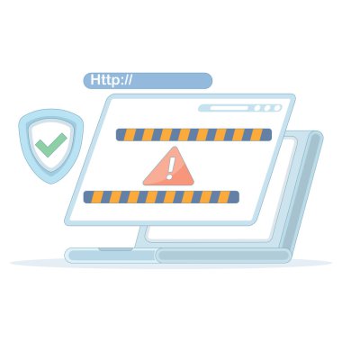 Güvenlik sisteminin düz çizimi ve güvenli bir tarayıcı. Kötü niyetli web sitelerine erişimi engelliyor. Kullanıcıları şüpheli web sitelerinden uyarma ve koruma. Güvenlik sistemi kavramı.