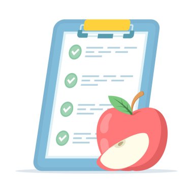 Sağlık izleme çizelgesi. Elma ve kontrol listesi simgeleri diyet planları için mükemmeldir. Elma ikonlu yemek listesi. Bu grafik sembol form ve kilo verme siteleri ve uygulama tasarımları için mükemmel. Düz tasarım.