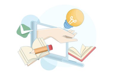 Çevrimiçi eğitim kavramı. Elleri, yüzen kitapları ve ampulleri olan bir dizüstü bilgisayar. Yeni fikirler. Rüyalar ve ampul fikirleri. Akıllıca bir düşünce ve beyin fırtınası. Kurslar, webinarlar. Çevrimiçi eğitim kavramı.