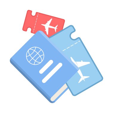 Seyahat belgeleri, uçuş kartları, pasaportlar ve biletler. Seyahat kuponları, uçak biletleri. Bir uçak seyahati planlayın, dünya turu. Düz tasarım vektör çizimi.