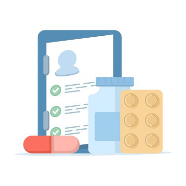 Sağlık programı kavramı, bakım programı, tıbbi kayıt belgesi, pano kontrol listesi, tıbbi hizmetler ve tedavi, reçeteli ilaçlar, farmakoloji. Arkaplanda düz tasarım.