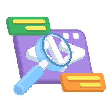 Program analizi kavramları. Kodlama sorunlarını inceliyorum. Yazılım ya da uygulamalar. Kodlama ve programlama. Arama ya da senaryo analizi. Büyüteçli cam sembollü açılır pencereler. Düz tasarım.