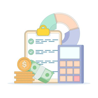 Finansal strateji ve iş planlama kavramları. Ekonomik analitik hesap makinesi, finansal tablolar, iş belgeleri bilgileri. Analistler veri raporlarını pasta grafikleriyle gözden geçiriyorlar.