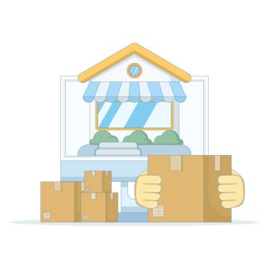 Çevrimiçi mağaza, pazar yeri ya da e-ticaret işi kavramı. Malları satmak ya da nakliye etmek. Dağıtıcılar ve satıcılar. Mağaza bir bilgisayar monitöründe görünür. Paket kutusu. Düz biçim.