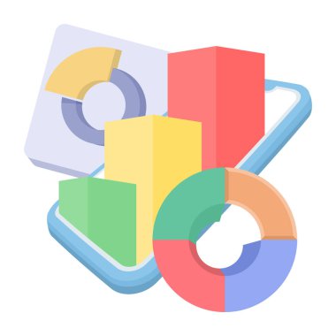 Dijital ticaret konsepti. Ekran grafikli cep telefonu, kırmızı oklar ve turta grafikleri. İş ve finans. Arkaplan ile düz resimleme,