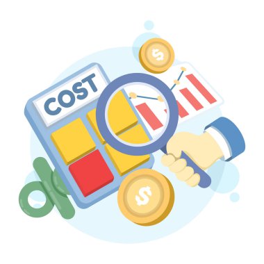 Maliyet grafiğini hesap makinesiyle analiz etmek için büyüteç kullanmak. Maliyet yönetimi ya da gider analizi. Maliyet yapısı, harcamalar ve gelir arasındaki dengeyi hesaplamak.