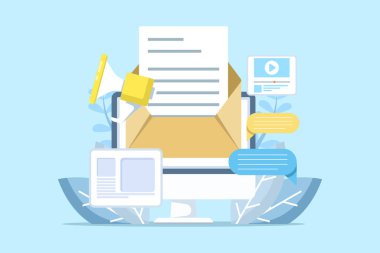 E-posta Pazarlama Konsepti. Dijital e-posta pazarlama stratejileri. E-posta pazarlama kampanyaları, gazete abonelikleri ve e-posta yoluyla pazarlama mesajları ile çevrimiçi izleyicilere ulaşmak.