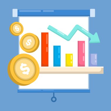 Bozuk paralar ve çubuklar içeren eğilim konsepti. Çizelgede bir düşüş görülüyor, bu da mali bir kriz olduğunu gösteriyor. Ekonomi grafiği ve düşüş eğilimi. Ekonomik düşüş ve mali istikrarsızlık.