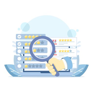 Çevrimiçi itibar yönetimi, müşteri değerlendirme analizi, iş yıldızları reytingleri, geri bildirim değerlendirmesi. Ekranda büyüteç, vektör illüstrasyonlu marka izleme ve güven içgörüsü.