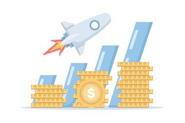 İş yatırımı konsepti. Büyüme grafiğiyle yukarı doğru fırlatılan bir roket tasviri. Para yığınları, para objeleri. En üstteki grafik görüntüyü daha da büyütüyor. Düz Çizim.