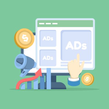 Dijital pazarlamaya yatırım yapma kavramı. Web sitesi reklamcılığı, ücretli pazarlama, tıklama başına ödeme, izleyici çekmek için sosyal medya reklamcılığı. Simgeli düz tasarım vektör çizimi.