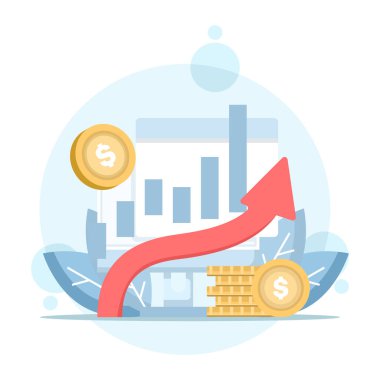 Borsa konsepti. Finansal yatırım illüstrasyonu. Borsaya yatırım. Finansal tablo analizini, en son borsa haberlerini ve diğer verileri araştır. Düz vektör illüstrasyonu.