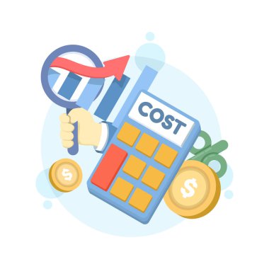 Maliyet grafiğini hesap makinesiyle analiz etmek için büyüteç kullanmak. Maliyet yönetimi ya da gider analizi. Maliyet yapısı, harcamalar ve gelir arasındaki dengeyi hesaplamak.