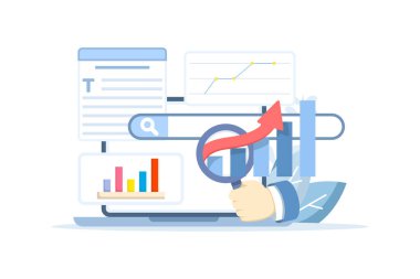 SEO analizi kavramı. Dönüştürme oranlarını ve web sitesi performansını artırmak için web trafiğini optimize ediyor ve analiz ediyor. Arama sonuçları sayfalarında web sitelerinin üst sıralara ulaşmasına yardımcı olmak.