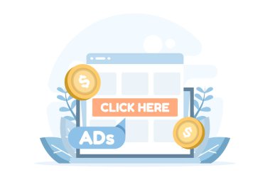 Web sitesi reklamlarının, online reklamların ve dijital reklamların düz vektör illüstrasyonu. İnternet pazarlama, web tanıtımı, marka farkındalığı, e-ticaret kampanyası ve sosyal medya reklamı kavramı.