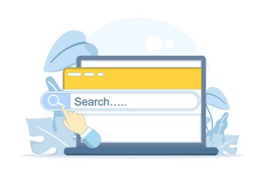 Dokunmatik jestler kullanarak bir arama çubuğuyla el etkileşiminin düz vektör çizimi. Çevrimiçi arama, web gezinti, SEO optimizasyonu, dijital pazarlama ve teknoloji keşfi kavramı.