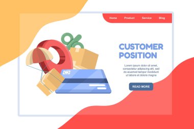 İniş sayfası, ödeme kartı, indirim ikonu, alışveriş çantası ve lokasyon rozeti olarak alışveriş kutusu olan modern bir e-ticaret konseptinin düz vektör çizimi. Teslimat servisi.