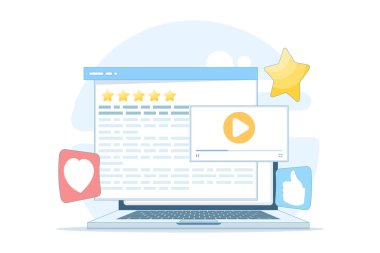 Derecelendirme yansıma kavramının vektör illüstrasyonu. 5 yıldızlı içeriği değerlendiren, sevmeye, paylaşmaya veya kaydetmeye karar veren, dijital bağlanmayı ve kullanıcı etkileşimini sembolize eden kişi.