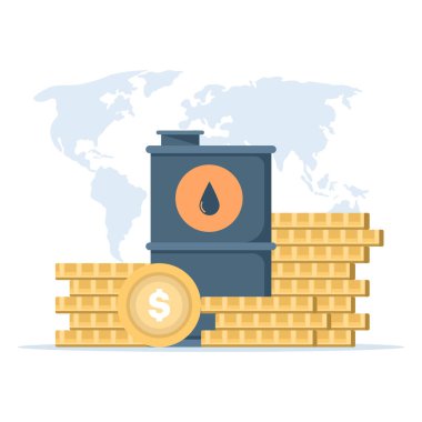 Petrol fiyatları kavramının vektör çizimi. Altın sikkeli varil, petrol endüstrisini, piyasa değerini, enerji ticaretini ve küresel petrol üretiminin ekonomik etkisini sembolize ediyor.