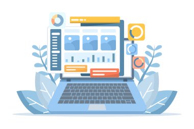 Bir kontrol paneli tasarım konseptinin düz vektör çizimi, veri yönetimi, analitik ve kullanıcı arayüzü gösterimi. Web siteleri, iniş sayfaları, mobil uygulamalar, posterler ve afişler için mükemmel..