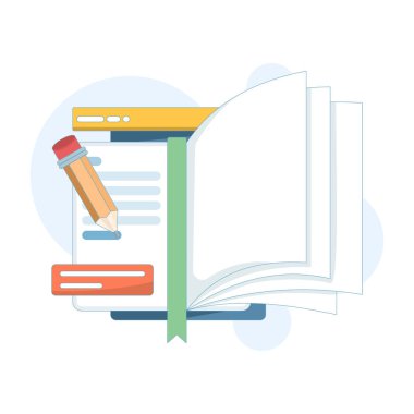 Defter ve kalem yazma notlarının vektör çizimi. Gazeteciliği, röportajları ve yıl sonu özet incelemesini temsil eder, belgelerin, yansımanın ve raporun hazırlanmasını sembolize eder.