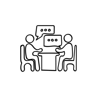 Masada oturup iş konuşan çift için el çizimi düz bir ikon.